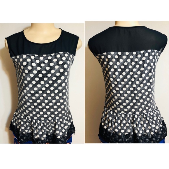 Ann Taylor Tops - Ann Taylor LOFT navy blue White polka Dots Lace Sleeveless Top Peplum Hem.Size S